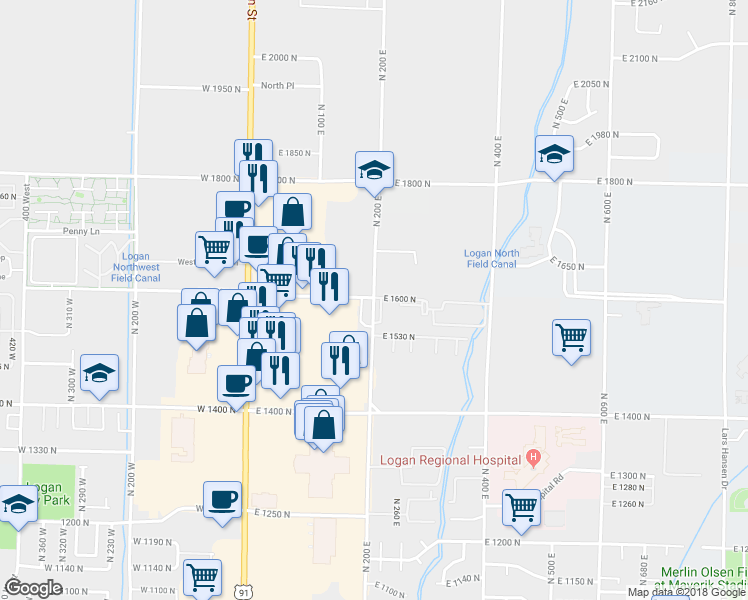 map of restaurants, bars, coffee shops, grocery stores, and more near 1624 North 200 East in North Logan
