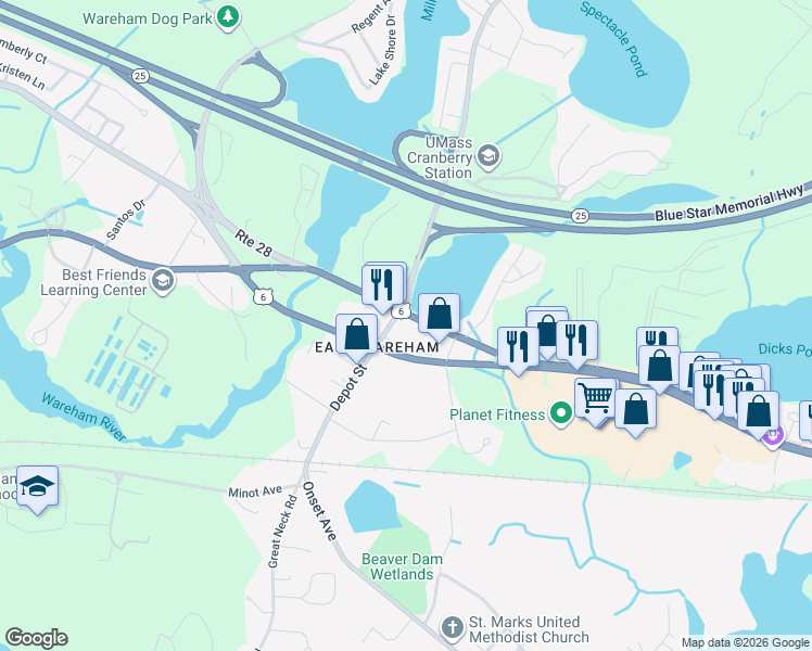 map of restaurants, bars, coffee shops, grocery stores, and more near 2858 Cranberry Highway in Wareham