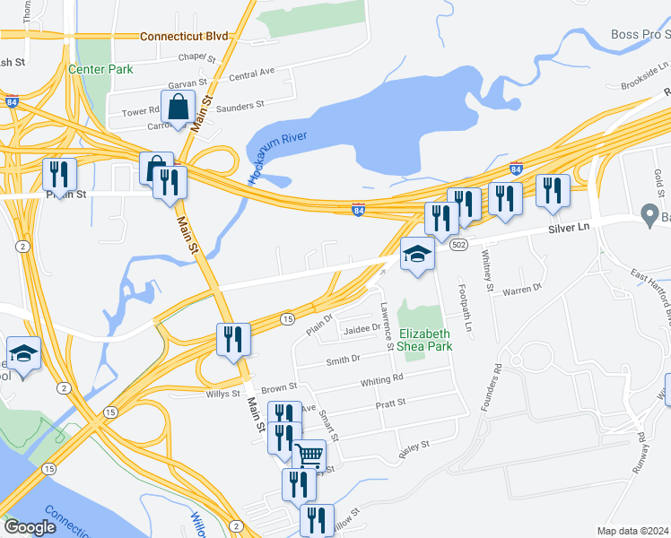 map of restaurants, bars, coffee shops, grocery stores, and more near 126 Silver Lane in East Hartford