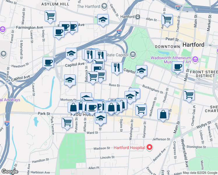 map of restaurants, bars, coffee shops, grocery stores, and more near 63 Hungerford Street in Hartford