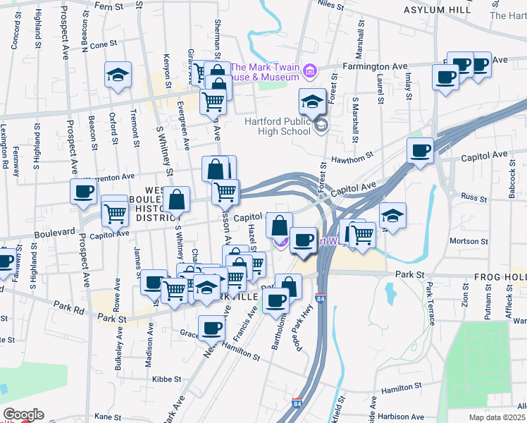 map of restaurants, bars, coffee shops, grocery stores, and more near 844 Capitol Avenue in Hartford