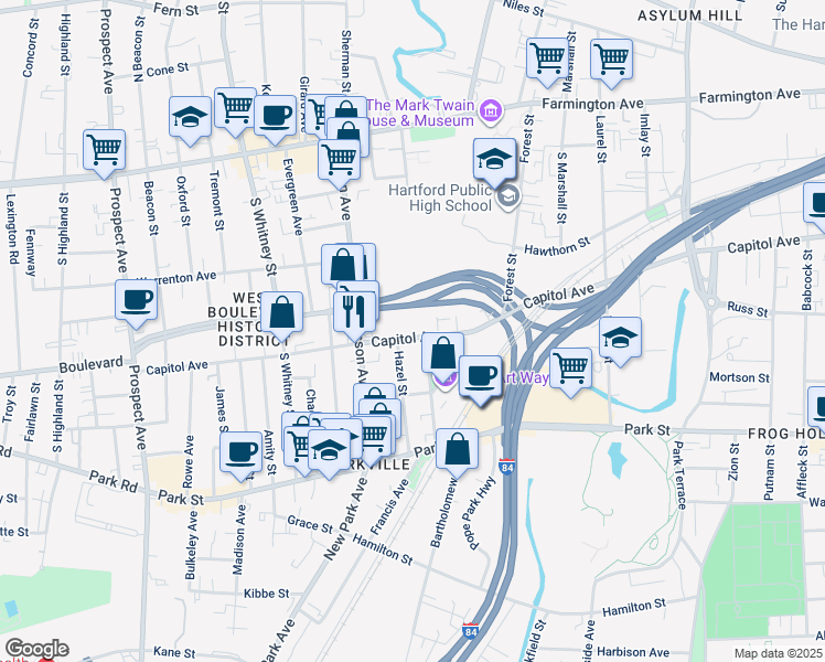 map of restaurants, bars, coffee shops, grocery stores, and more near 844 Capitol Avenue in Hartford