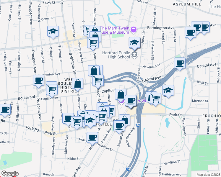 map of restaurants, bars, coffee shops, grocery stores, and more near 844 Capitol Avenue in Hartford