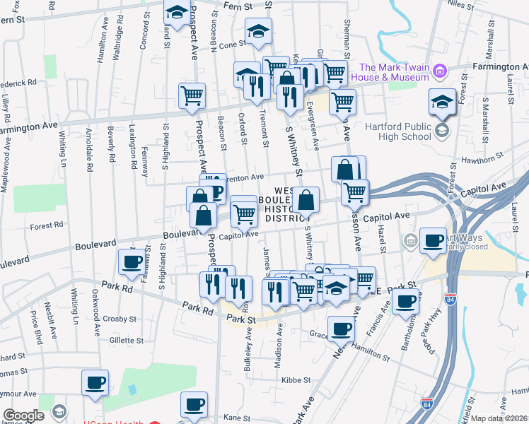 map of restaurants, bars, coffee shops, grocery stores, and more near 956 West Boulevard in Hartford