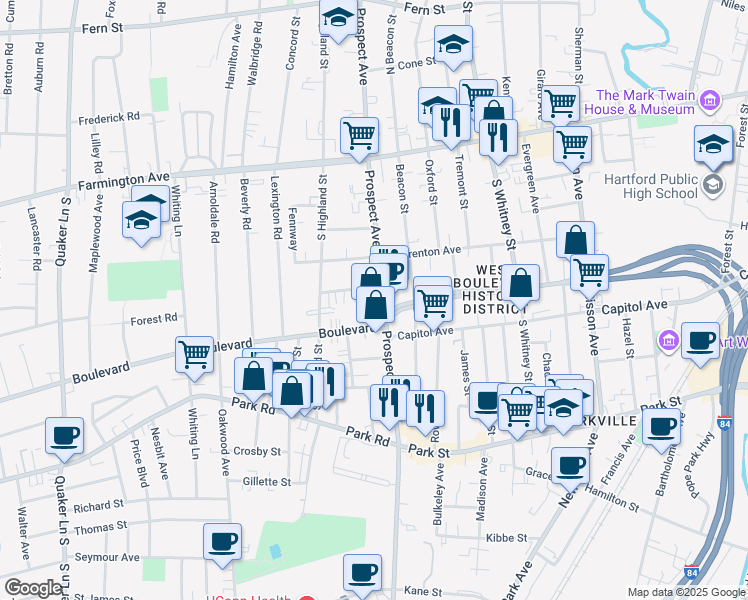 map of restaurants, bars, coffee shops, grocery stores, and more near 488 Prospect Avenue in West Hartford