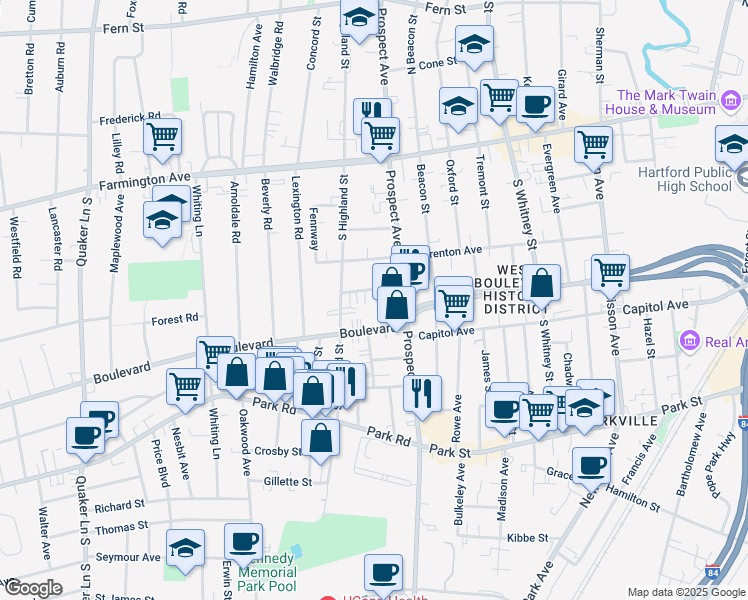 map of restaurants, bars, coffee shops, grocery stores, and more near 24 Fairview Street in West Hartford