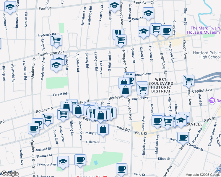 map of restaurants, bars, coffee shops, grocery stores, and more near 115 South Highland Street in West Hartford