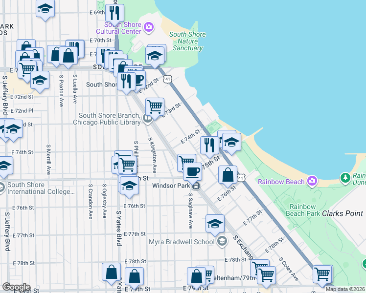 map of restaurants, bars, coffee shops, grocery stores, and more near 2624 East 74th Street in Chicago