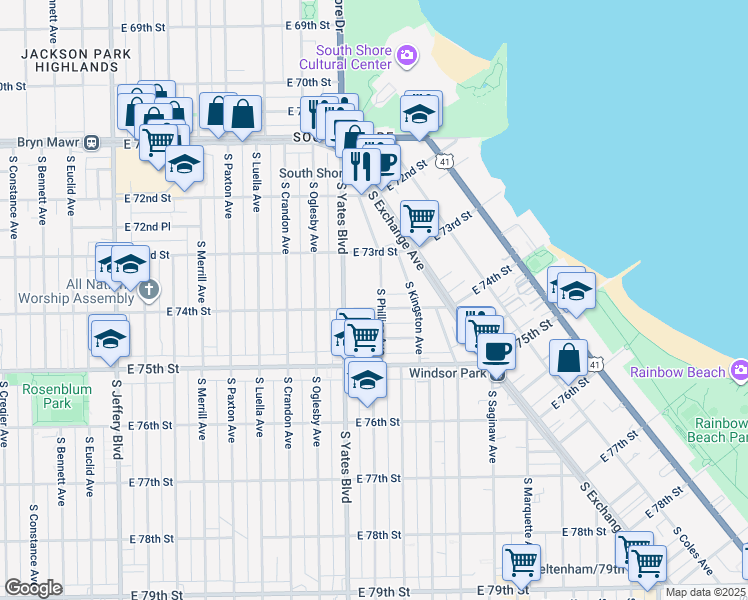map of restaurants, bars, coffee shops, grocery stores, and more near 7342 South Phillips Avenue in Chicago