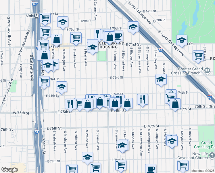 map of restaurants, bars, coffee shops, grocery stores, and more near 7317 South King Drive in Chicago
