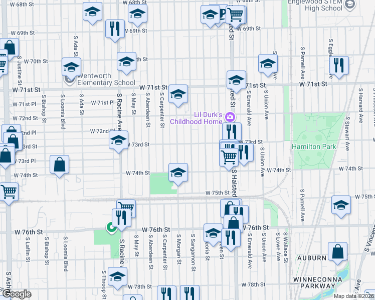 map of restaurants, bars, coffee shops, grocery stores, and more near 944 West 73rd Street in Chicago