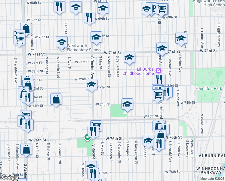 map of restaurants, bars, coffee shops, grocery stores, and more near 7258 South Carpenter Street in Chicago