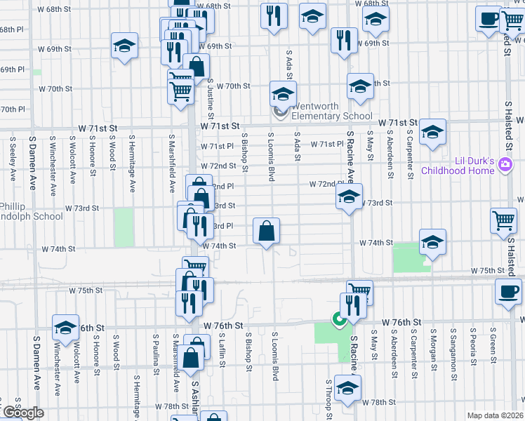 map of restaurants, bars, coffee shops, grocery stores, and more near 1426 West 73rd Street in Chicago