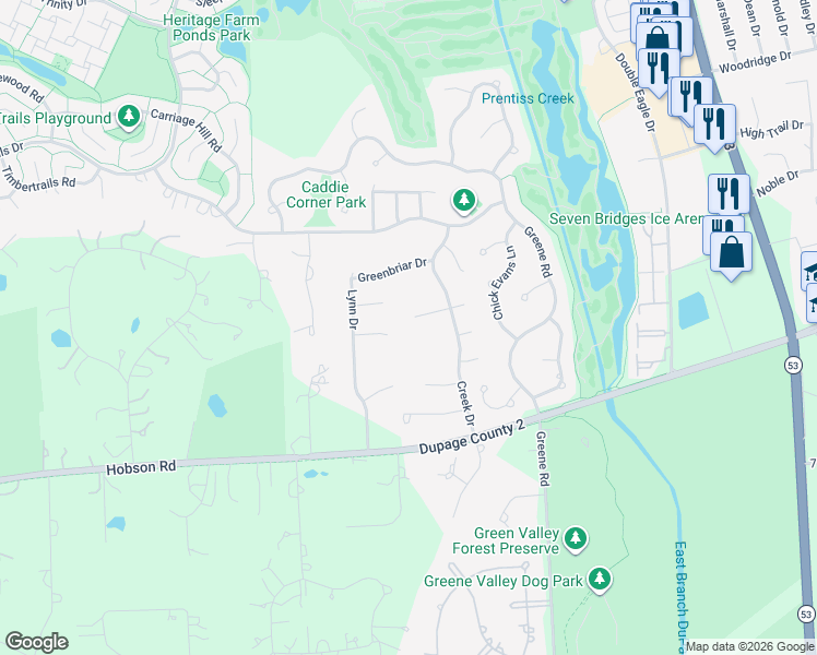 map of restaurants, bars, coffee shops, grocery stores, and more near 23W381 Woodcrest Court West in Naperville