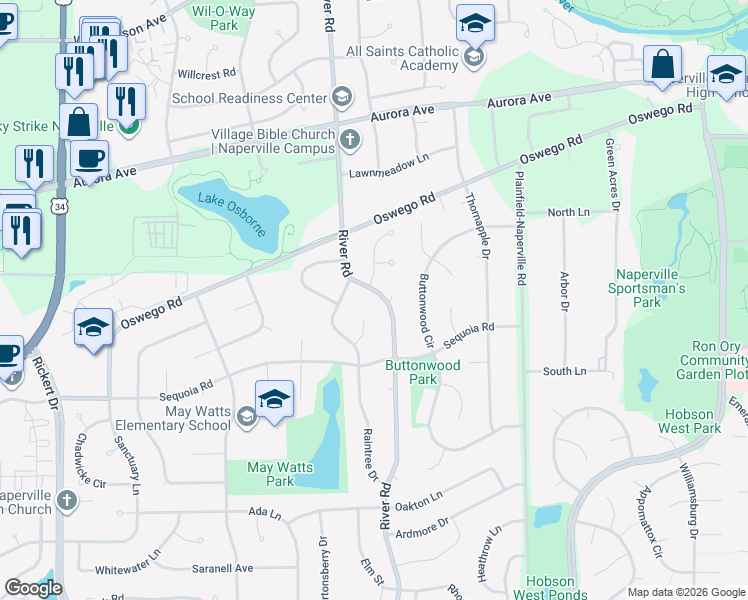 map of restaurants, bars, coffee shops, grocery stores, and more near 716 Honeysuckle Drive in Naperville