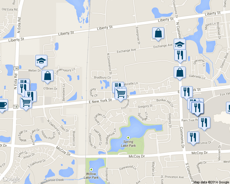 map of restaurants, bars, coffee shops, grocery stores, and more near 3573 Gabrielle Lane in Aurora
