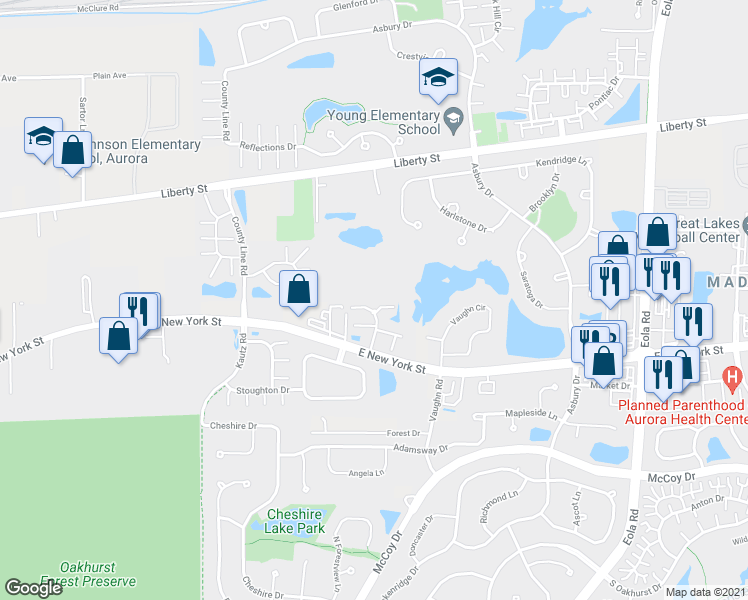 map of restaurants, bars, coffee shops, grocery stores, and more near 438 Jamestown Court in Aurora