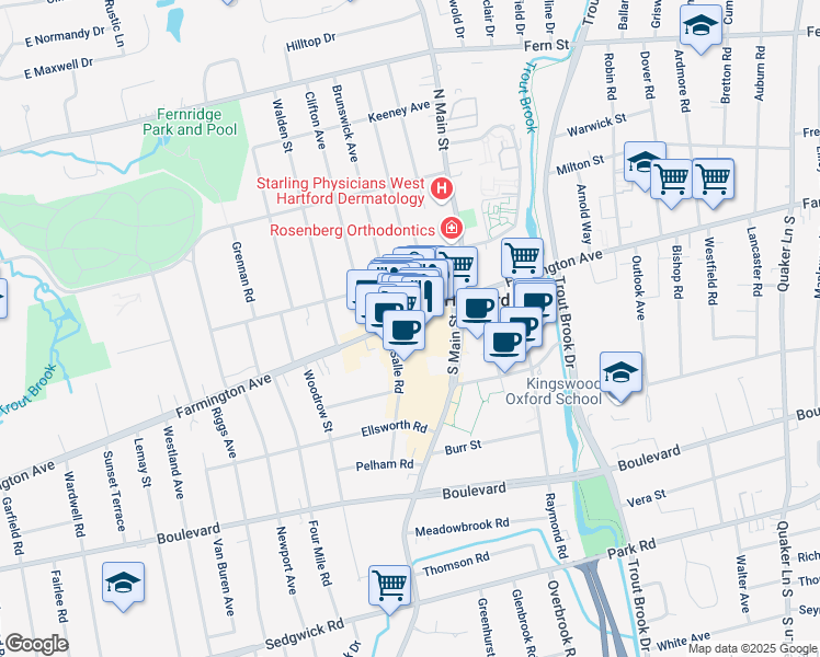 map of restaurants, bars, coffee shops, grocery stores, and more near 982 Farmington Avenue in West Hartford