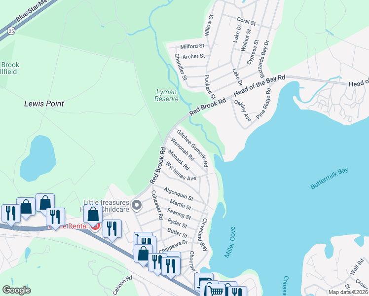 map of restaurants, bars, coffee shops, grocery stores, and more near 35 Wenonah Road in Wareham