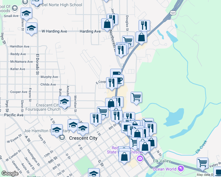map of restaurants, bars, coffee shops, grocery stores, and more near 440 U.S. 101 in Crescent City