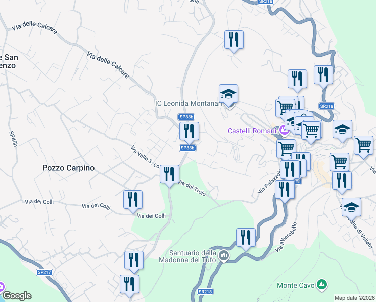 map of restaurants, bars, coffee shops, grocery stores, and more near Via delle Barozze in Rocca di Papa