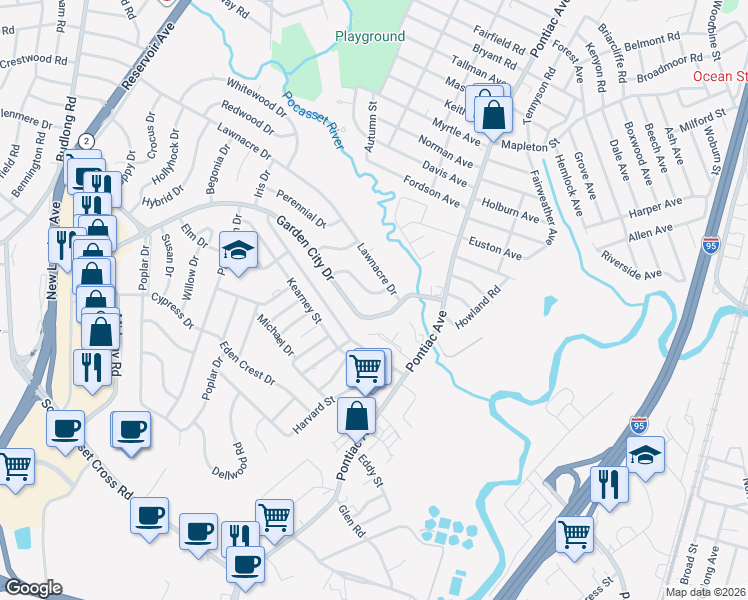 map of restaurants, bars, coffee shops, grocery stores, and more near 322 Lawnacre Drive in Cranston