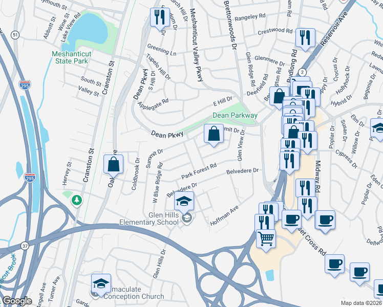 map of restaurants, bars, coffee shops, grocery stores, and more near 140 Summit Drive in Cranston