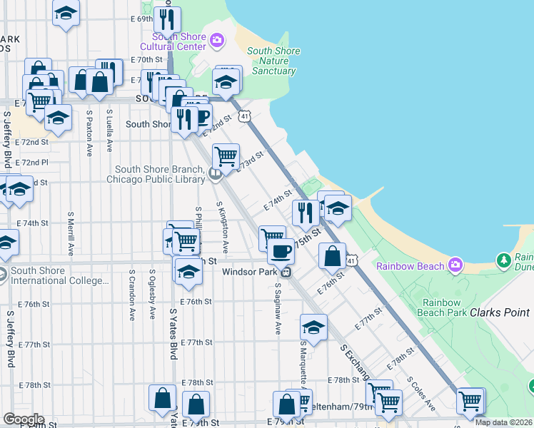 map of restaurants, bars, coffee shops, grocery stores, and more near 2624 East 74th Street in Chicago