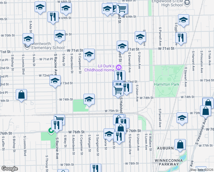 map of restaurants, bars, coffee shops, grocery stores, and more near 7303 South Peoria Street in Chicago