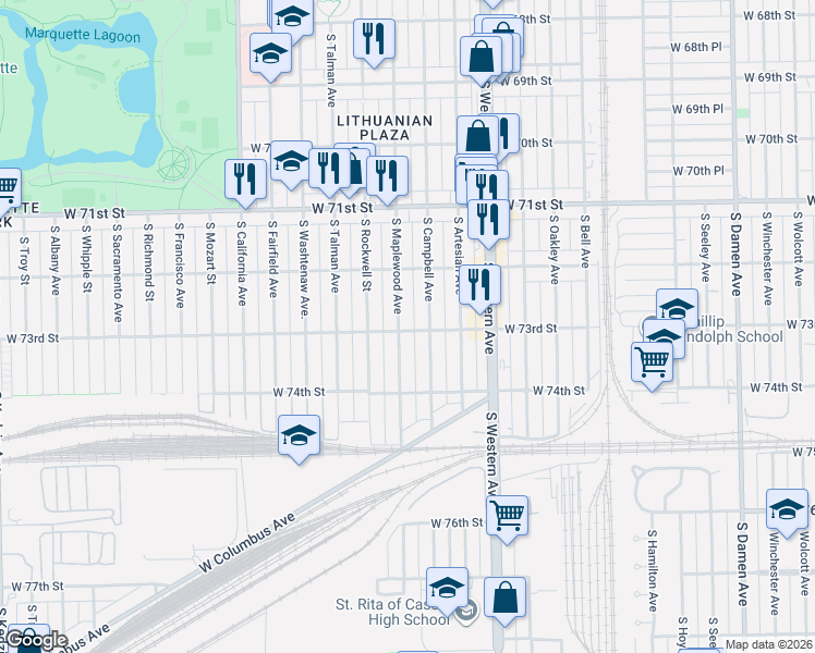 map of restaurants, bars, coffee shops, grocery stores, and more near 7244 South Maplewood Avenue in Chicago