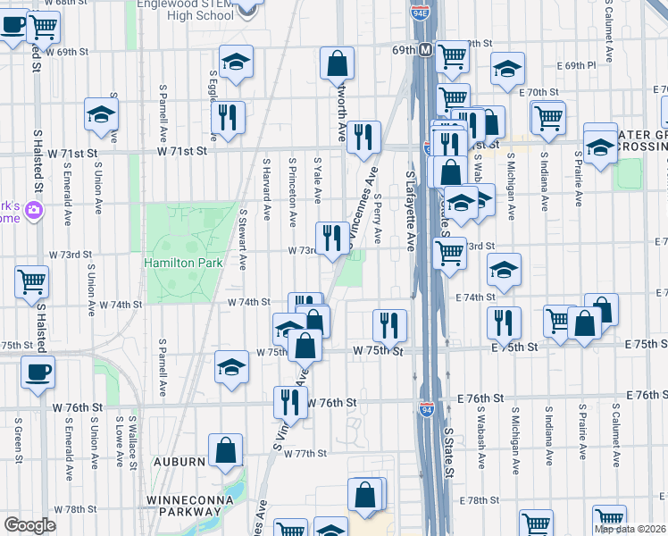map of restaurants, bars, coffee shops, grocery stores, and more near 7318 South Vincennes Avenue in Chicago
