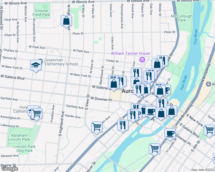 map of restaurants, bars, coffee shops, grocery stores, and more near 20 North Chestnut Street in Aurora