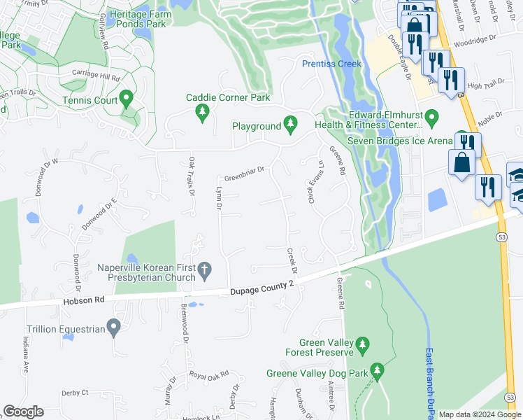 map of restaurants, bars, coffee shops, grocery stores, and more near 23W381 Woodcrest Court West in Naperville