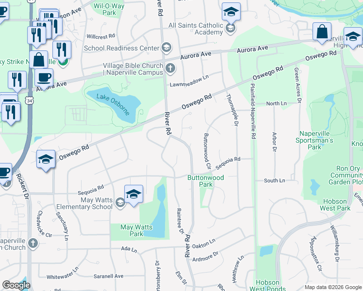 map of restaurants, bars, coffee shops, grocery stores, and more near 716 Honeysuckle Drive in Naperville