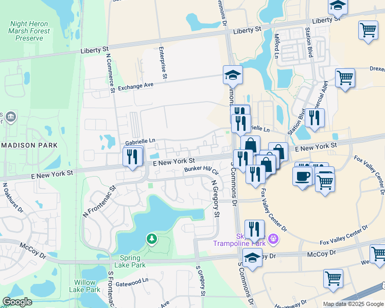 map of restaurants, bars, coffee shops, grocery stores, and more near 3762 East New York Street in Aurora