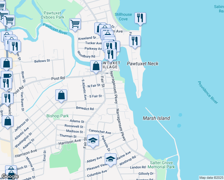 map of restaurants, bars, coffee shops, grocery stores, and more near 48 Spring Garden Street in Warwick