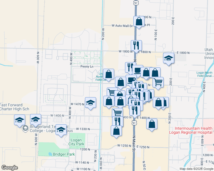 map of restaurants, bars, coffee shops, grocery stores, and more near 1593 North 160 West in Logan