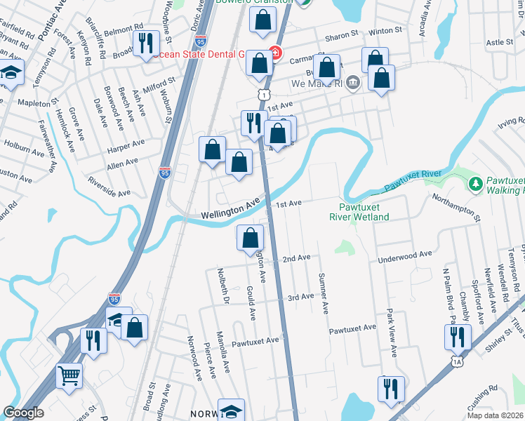 map of restaurants, bars, coffee shops, grocery stores, and more near 1701 Elmwood Avenue in Warwick
