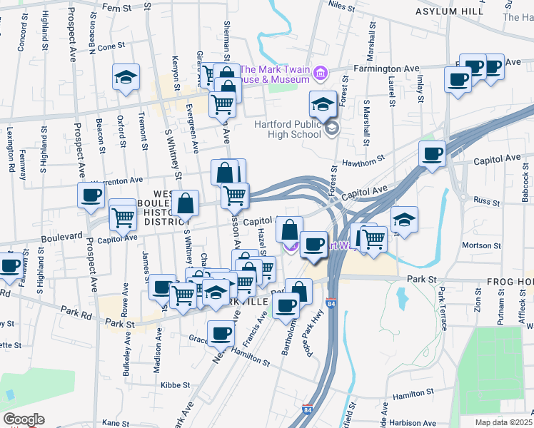 map of restaurants, bars, coffee shops, grocery stores, and more near 844 Capitol Avenue in Hartford