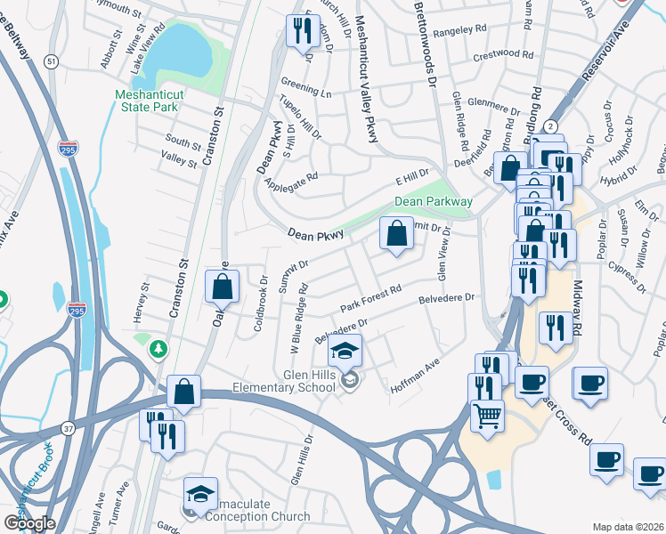 map of restaurants, bars, coffee shops, grocery stores, and more near 170 Summit Drive in Cranston