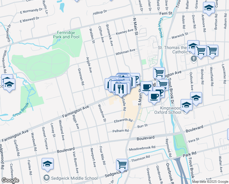 map of restaurants, bars, coffee shops, grocery stores, and more near 44 Dale Street in West Hartford