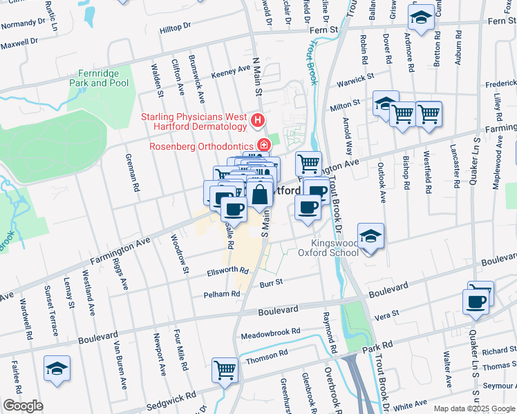 map of restaurants, bars, coffee shops, grocery stores, and more near 11 South Main Street in West Hartford