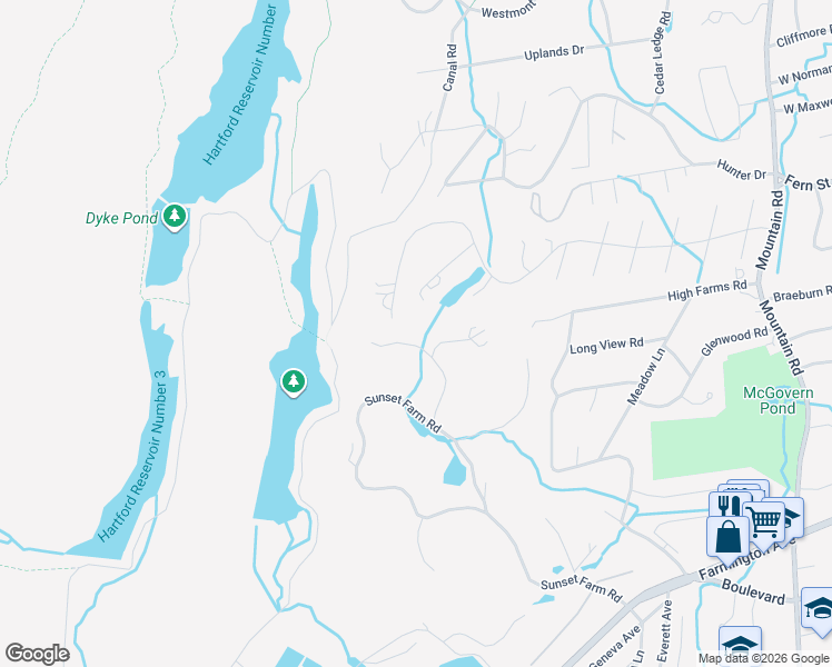 map of restaurants, bars, coffee shops, grocery stores, and more near 20 Greenridge Lane in West Hartford