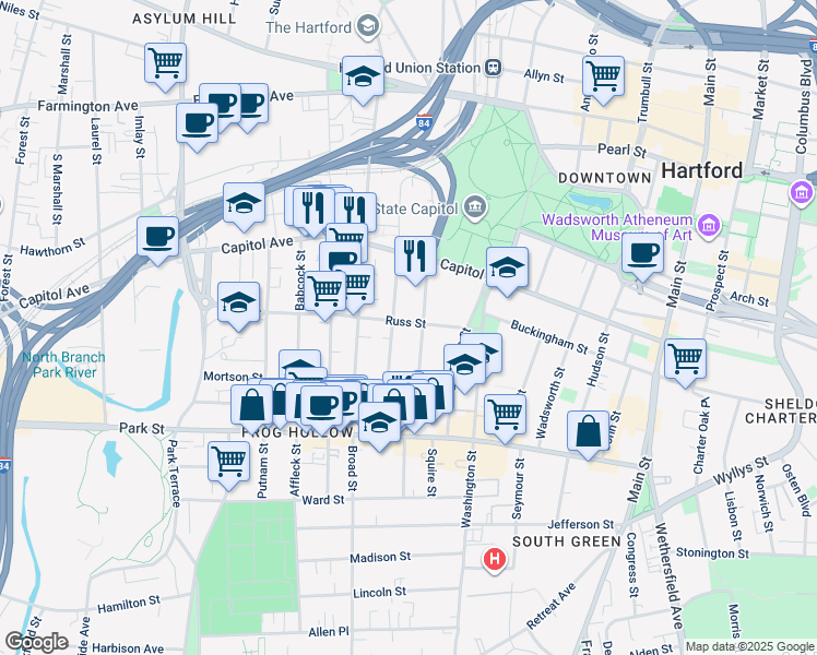 map of restaurants, bars, coffee shops, grocery stores, and more near 63 Hungerford Street in Hartford