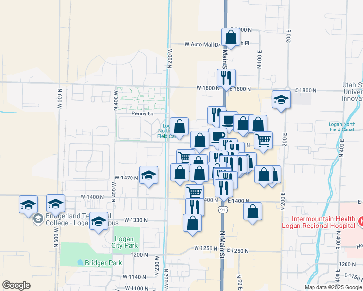 map of restaurants, bars, coffee shops, grocery stores, and more near 1593 North 160 West in Logan