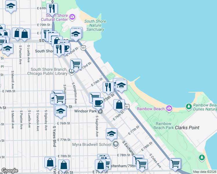 map of restaurants, bars, coffee shops, grocery stores, and more near 7436 South South Shore Drive in Chicago
