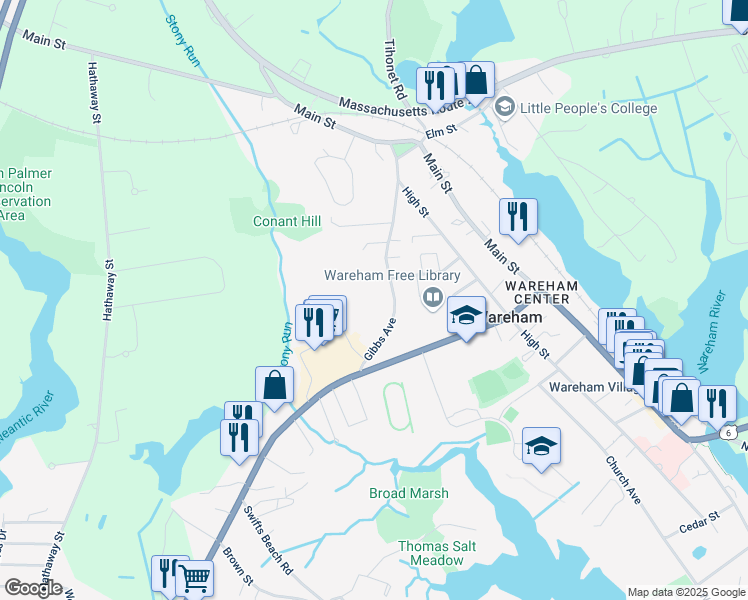 map of restaurants, bars, coffee shops, grocery stores, and more near 85 Gibbs Avenue in Wareham