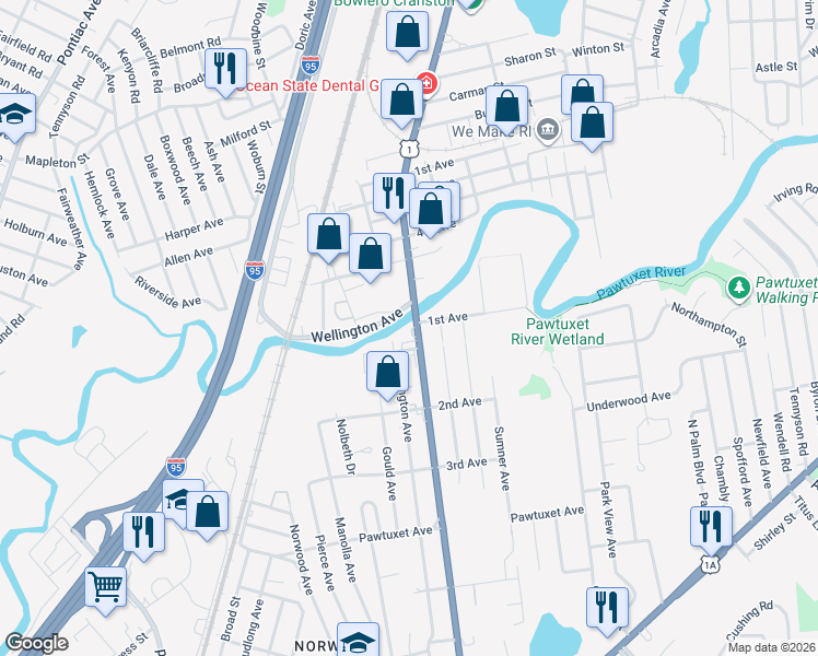 map of restaurants, bars, coffee shops, grocery stores, and more near 1701 Elmwood Avenue in Warwick