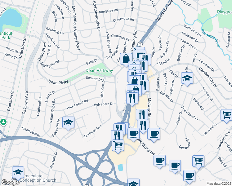 map of restaurants, bars, coffee shops, grocery stores, and more near 430 Meshanticut Valley Parkway in Cranston