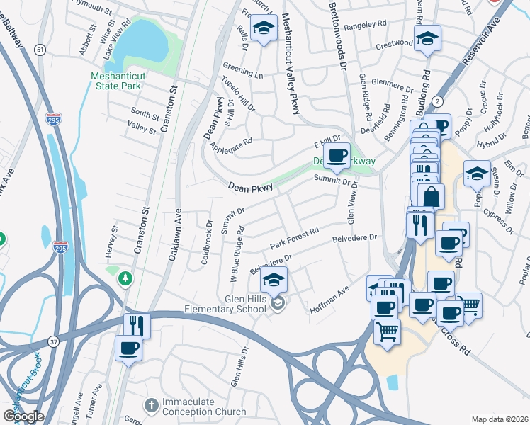 map of restaurants, bars, coffee shops, grocery stores, and more near 170 Summit Drive in Cranston